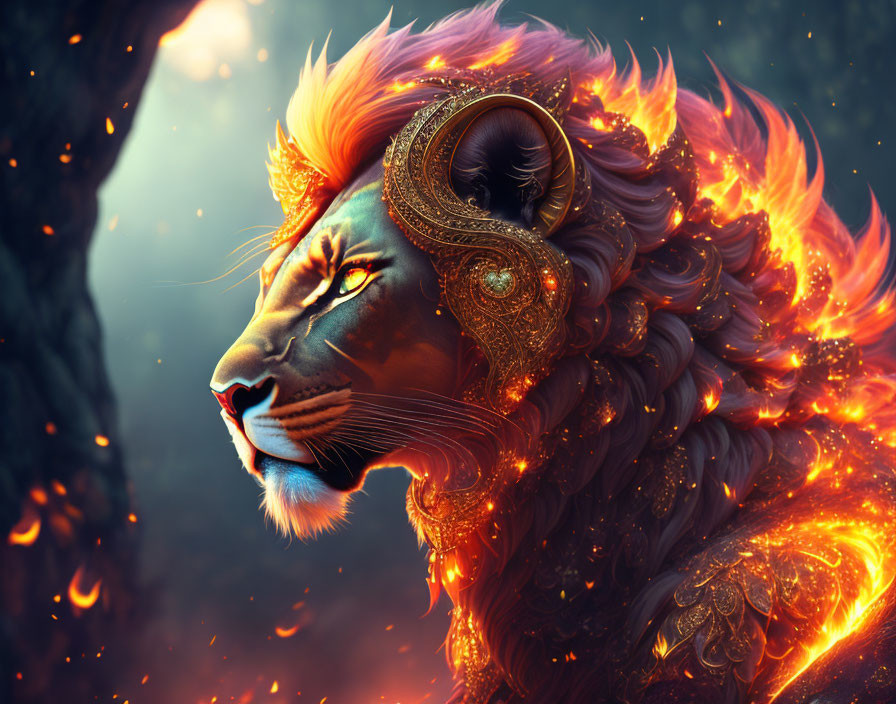 Majestic fiery-winged lion with glowing mane and golden headpiece on ember-filled background