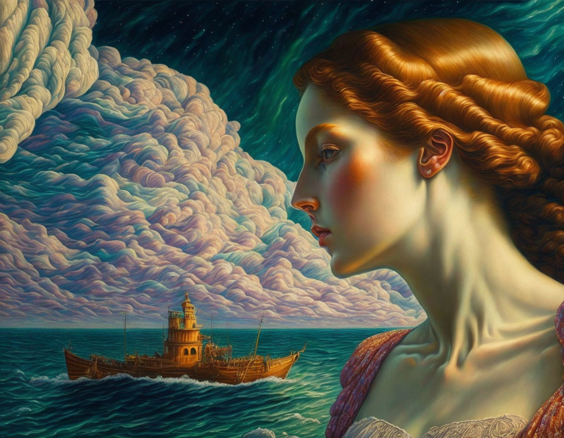 Surreal portrait: Woman with braided hair, ship at sea, lighthouse, swirling clouds