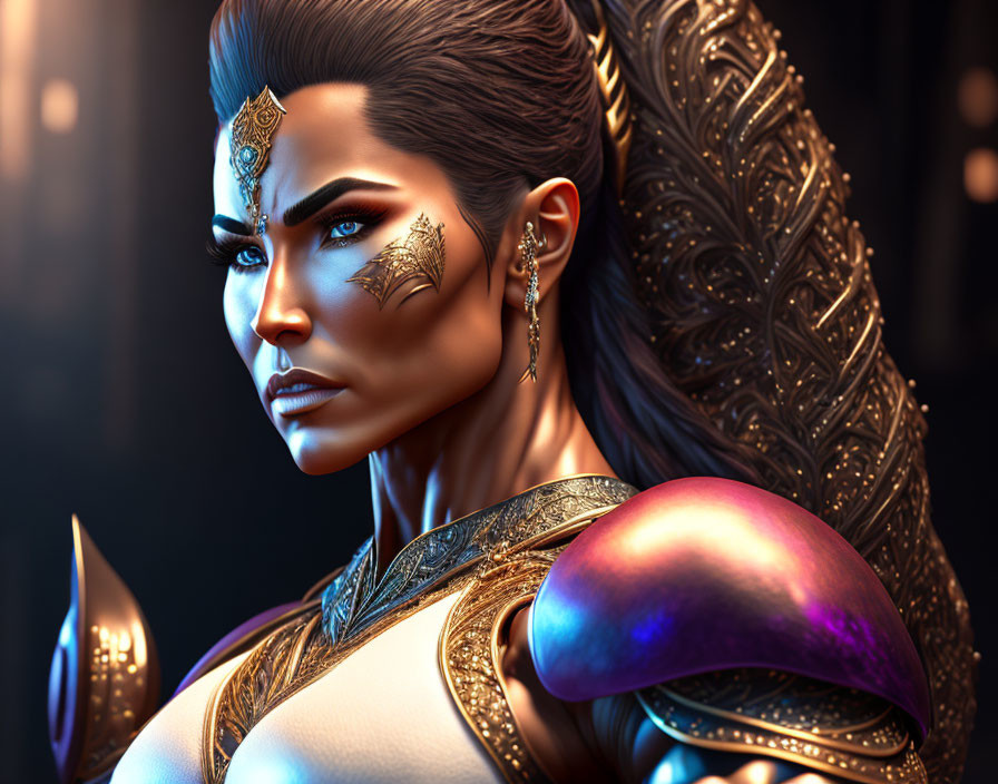 Elaborate gold armor and jewelry on fierce woman in digital art portrait