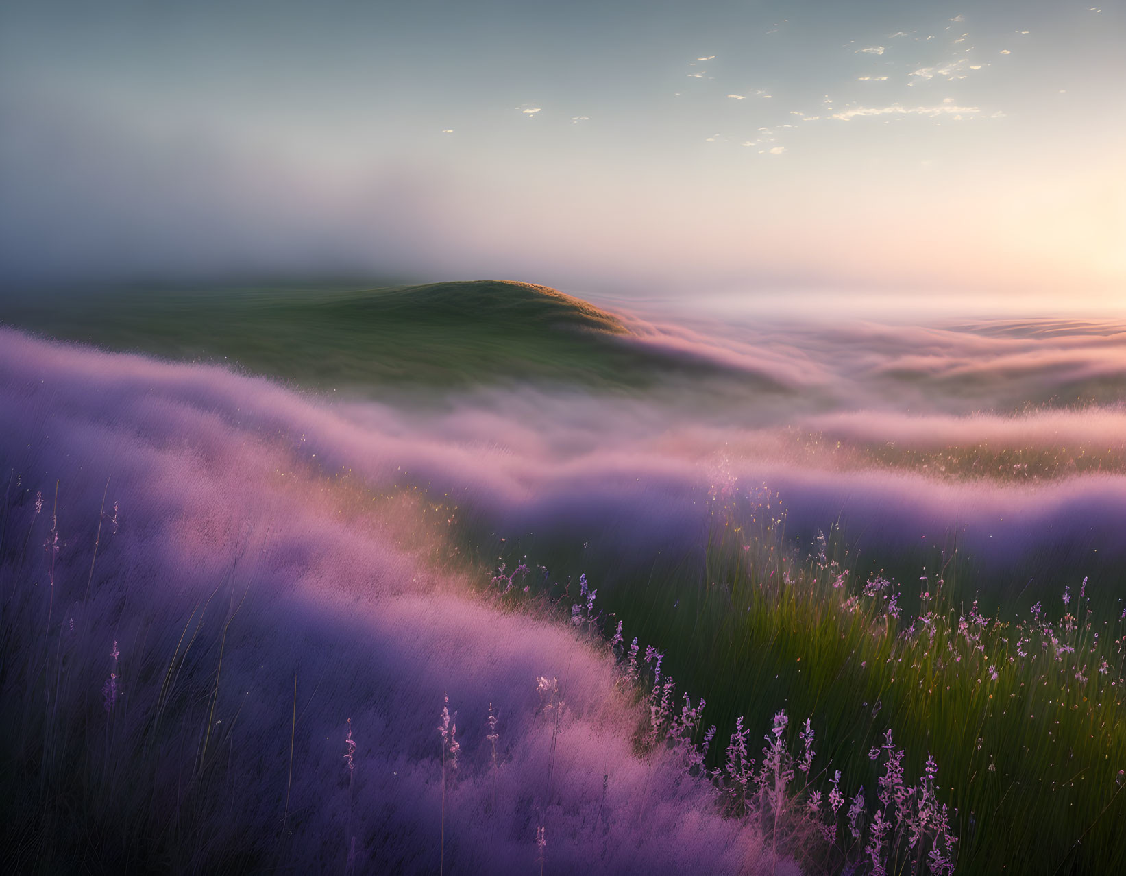 Tranquil misty landscape with rolling hills and purple flowers