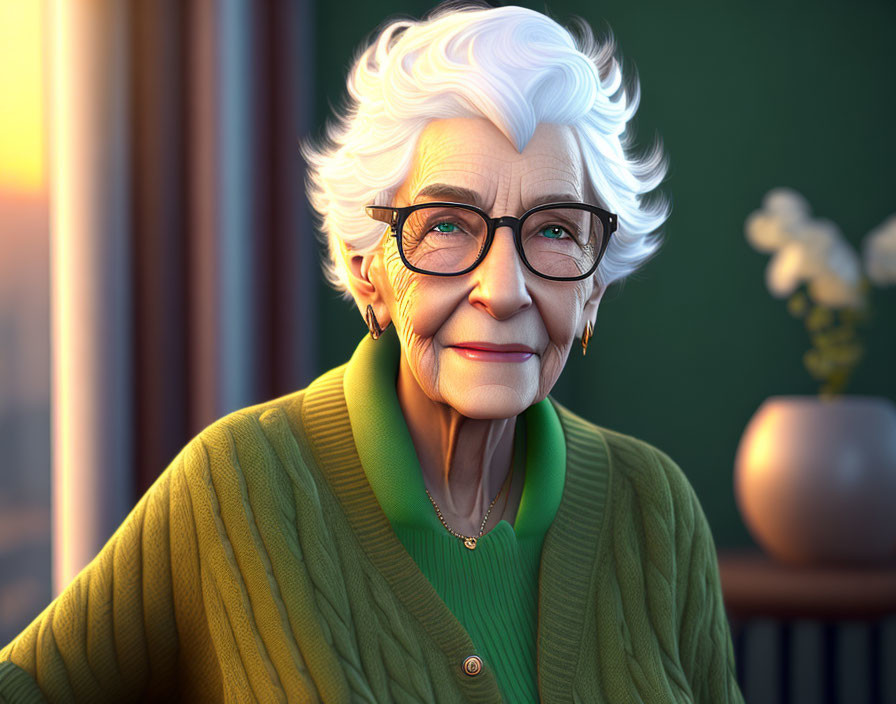 Elderly woman in green cardigan and glasses smiling warmly