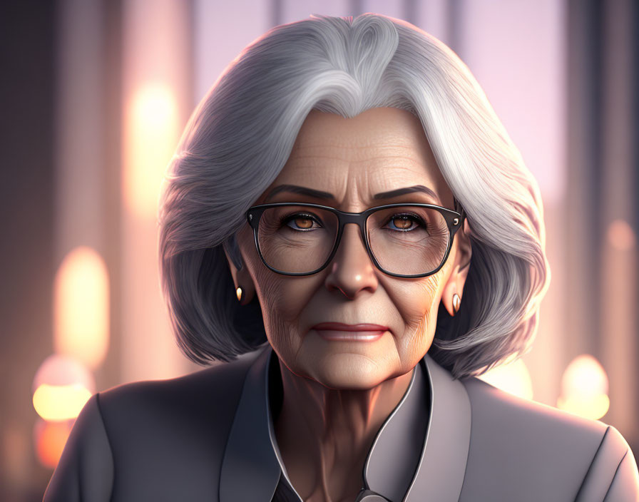 Digital portrait of elderly woman with white hair and glasses, set against cityscape backdrop