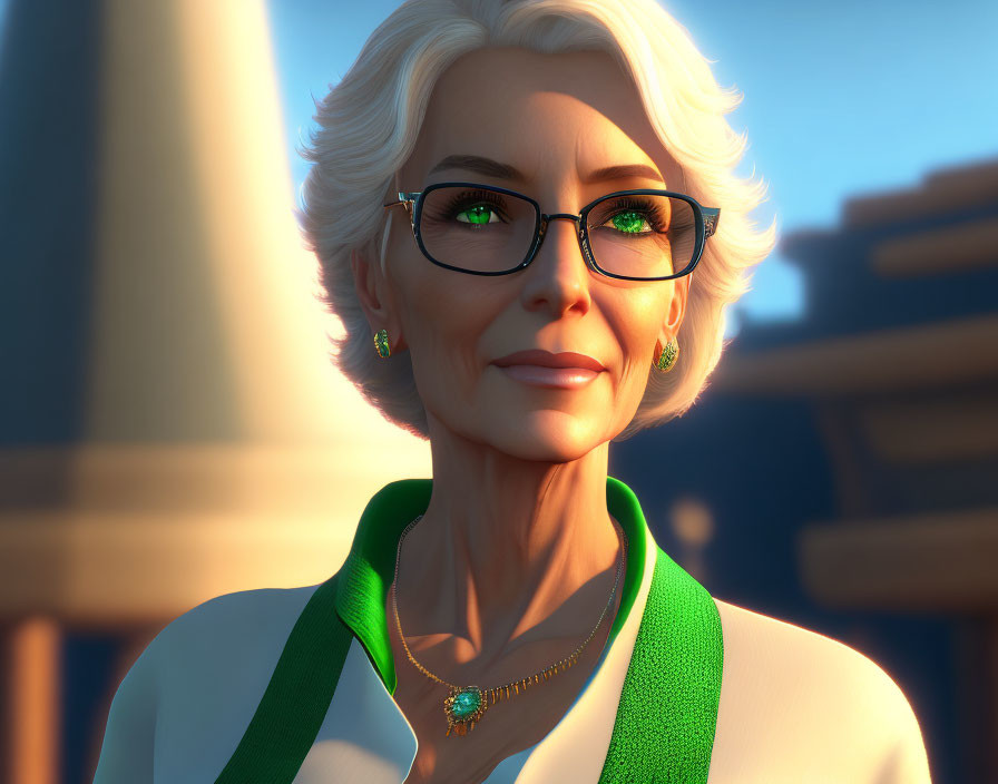 Mature woman with short white hair, glasses, green earrings, and scarf in sunlit scene