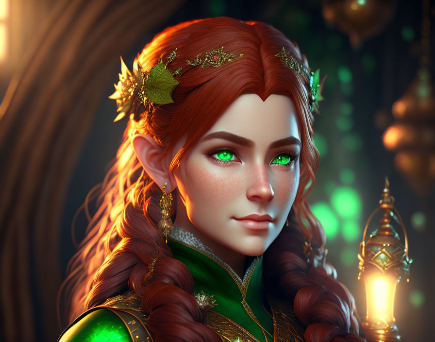 Digital artwork: Woman with green eyes, red hair, gold leaf accessories, green garment, earrings,