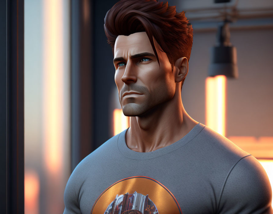 Stylized male character with brown hair in gray shirt, gazing at sunset.