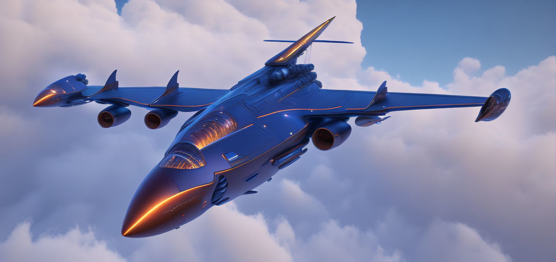 Futuristic blue airplane soaring in golden sky