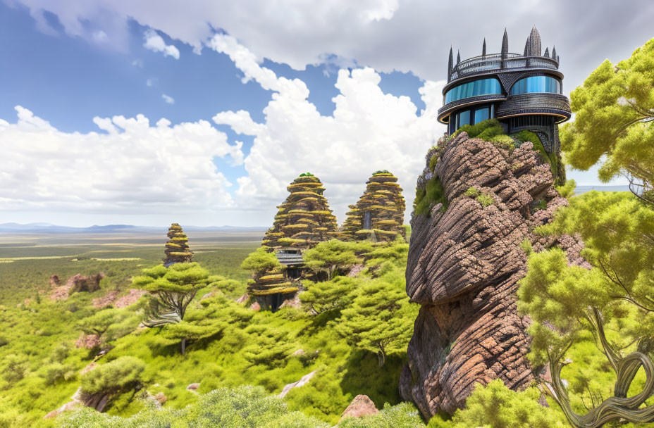 Futuristic tower on rugged hill in lush greenery under partly cloudy sky