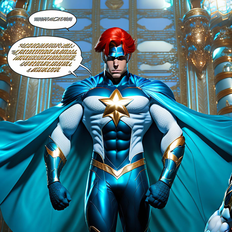 Red-haired superhero in blue and gold suit with star emblem in grand hall