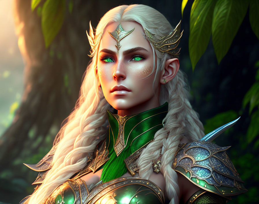 Fantasy digital artwork: Elf woman in golden armor in lush forest