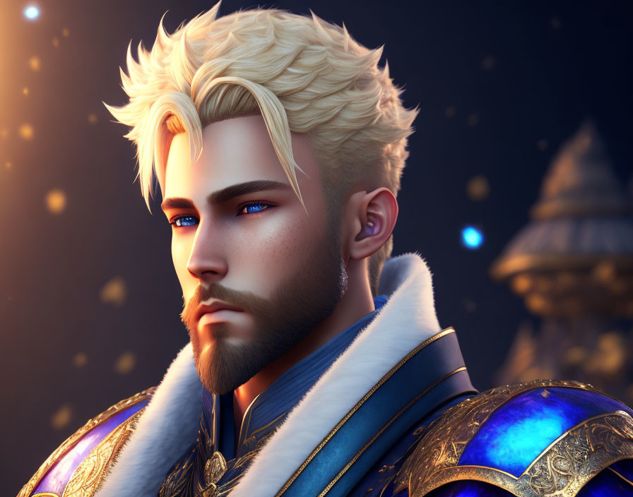 Blond-haired, blue-eyed animated male character in ornate armor against bokeh-lit dusk.