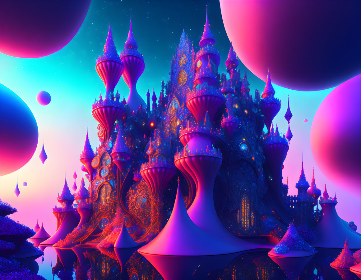 Intricate, ornate castles in vibrant fantasy landscape