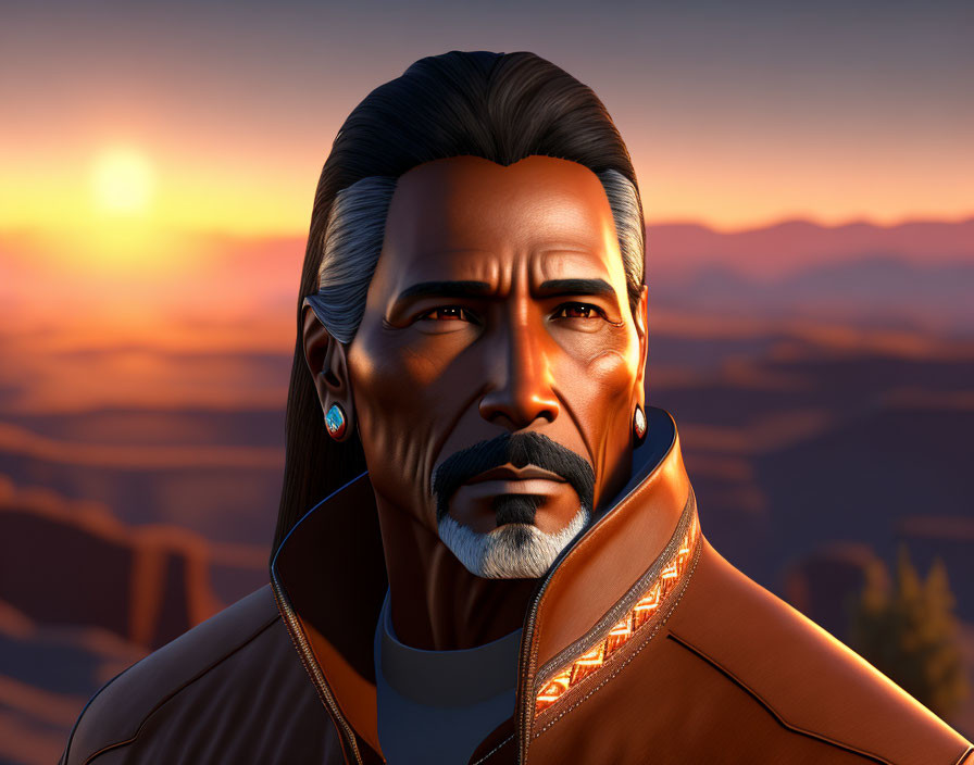 Bearded animated character with earring gazing at sunset and mountains