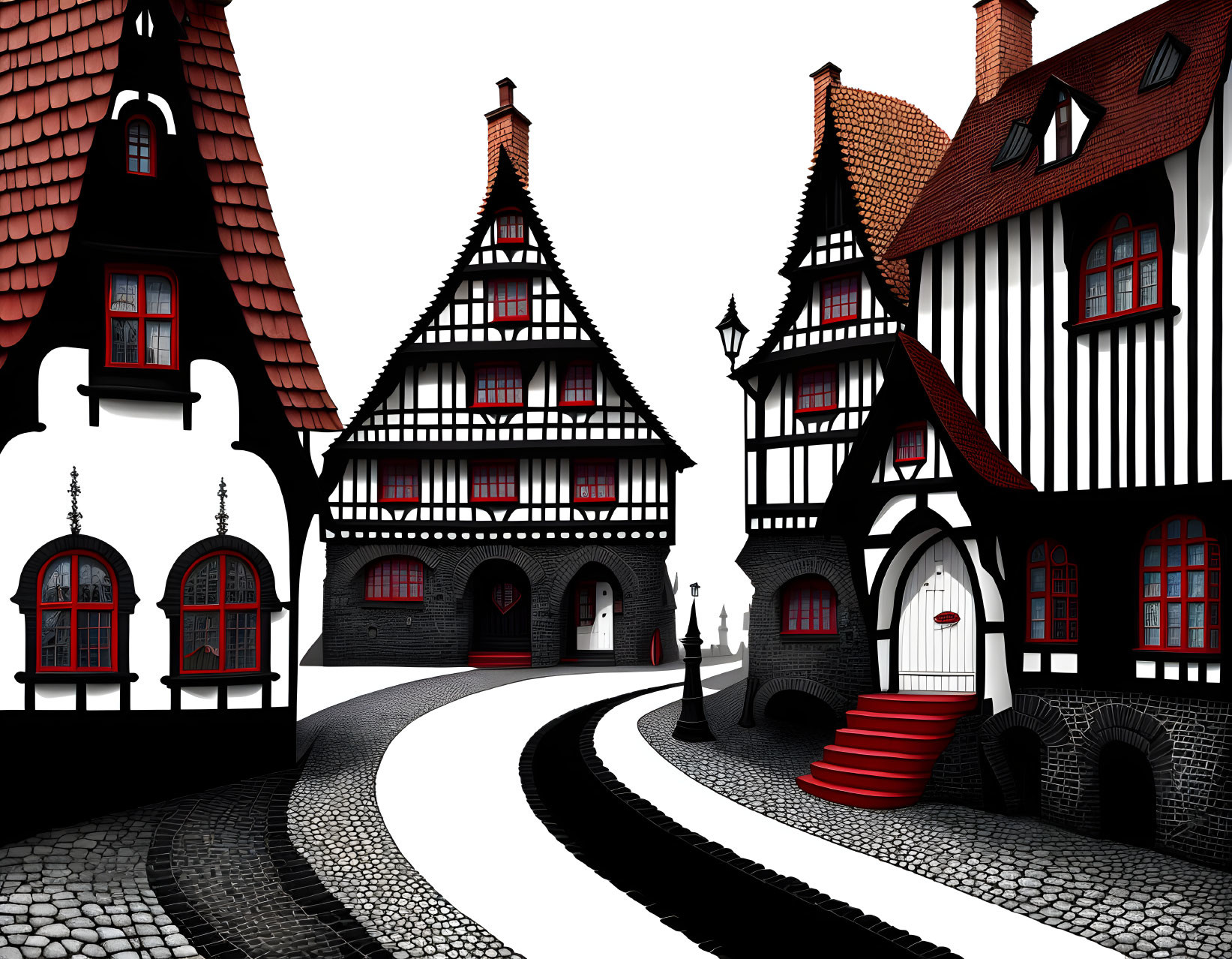 European Medieval Village: Stylized Black and White Illustration