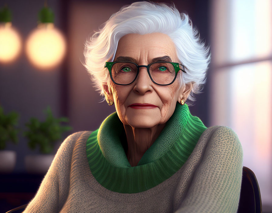 Elderly Woman in Green Glasses and Turtleneck in Thoughtful Pose