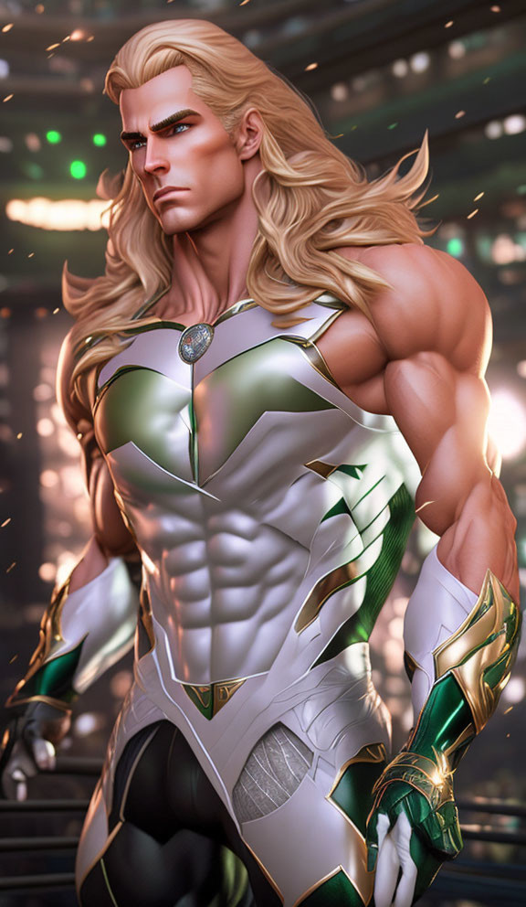 Muscular blond man in futuristic white and green suit with cityscape backdrop