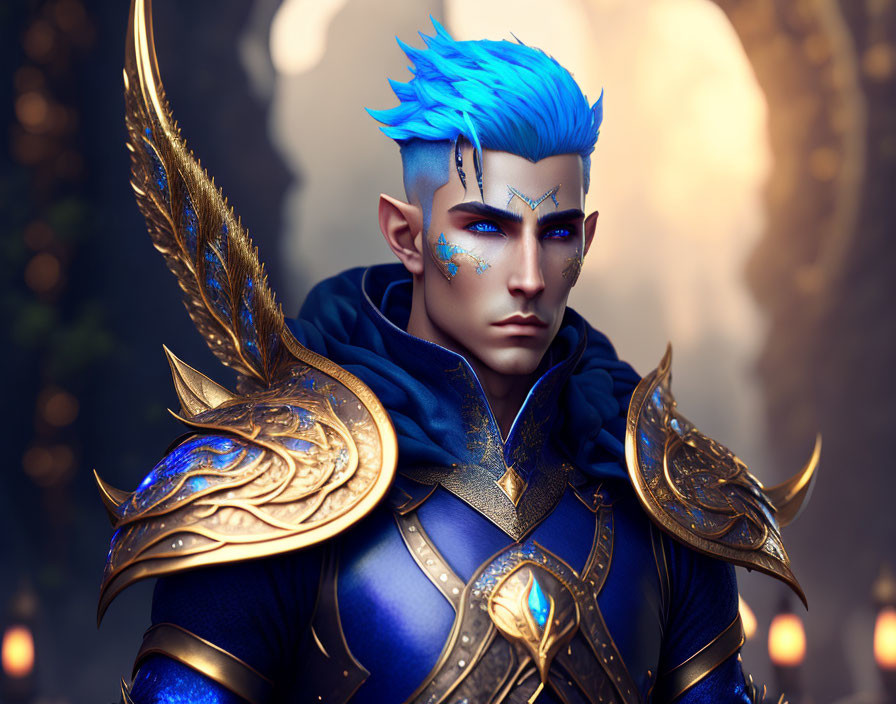 Stylized male figure with blue hair in gold and blue armor