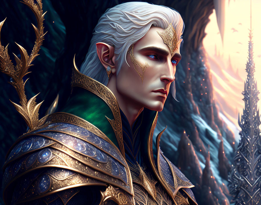 Fantasy illustration of white-haired elf in golden armor in mystical forest