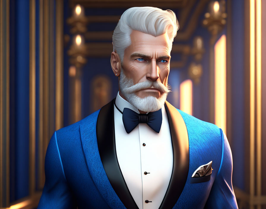 Mature man in blue tuxedo with white beard and hair