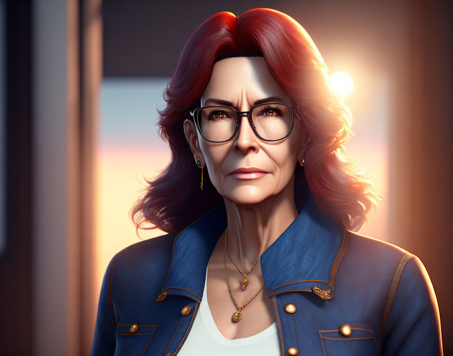 Illustrated portrait of mature woman with red hair, glasses, blue jacket, against warm sunset