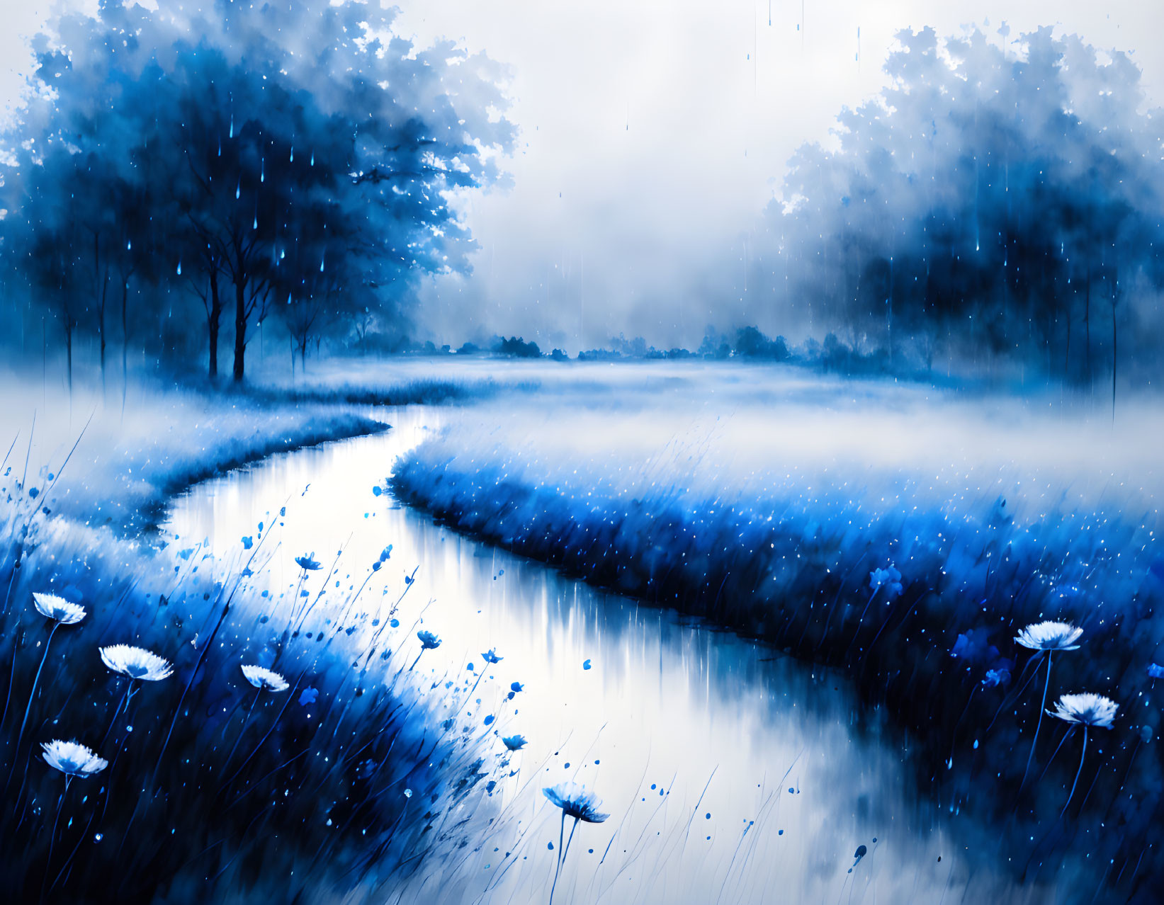 Tranquil blue landscape with winding river and misty fields