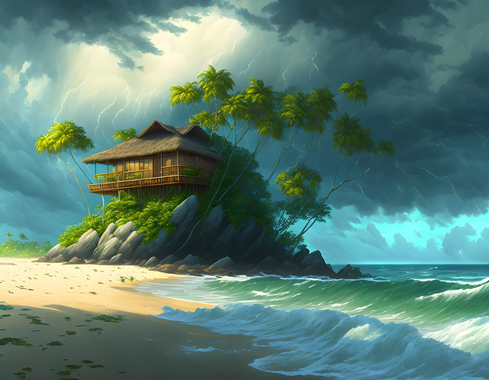 Wooden hut on rocky beach under stormy sky with lightning