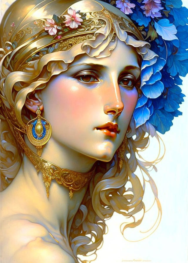 Classical beauty portrait with golden headgear and intricate jewelry