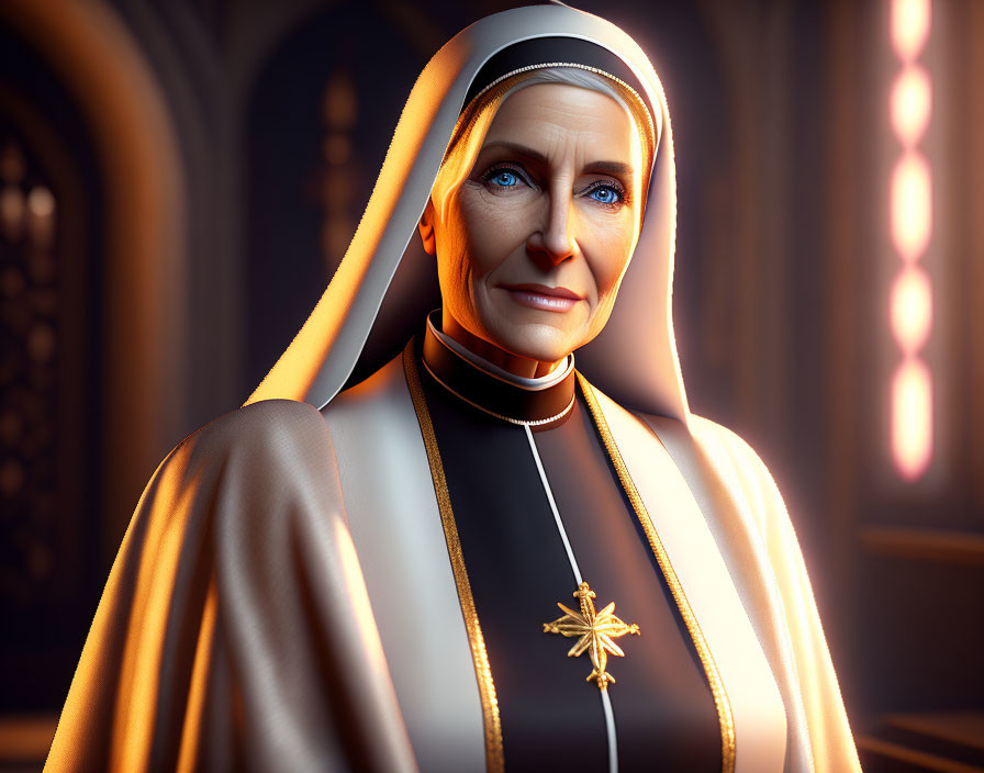 3D-rendered image of a nun with deep blue eyes and traditional habit in dimly lit room