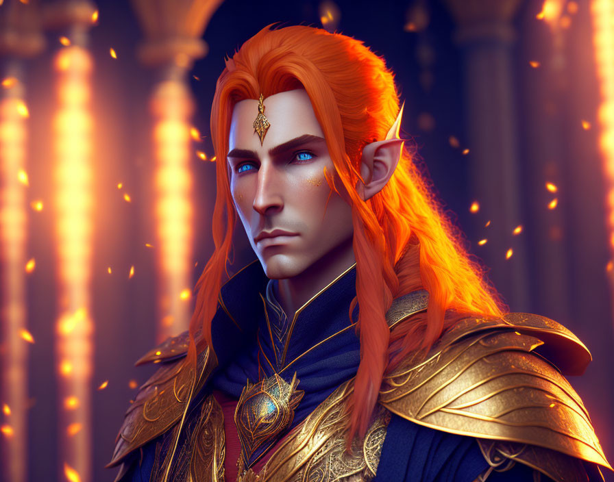 Fiery-haired elf in gold armor with intense gaze and pointed ears