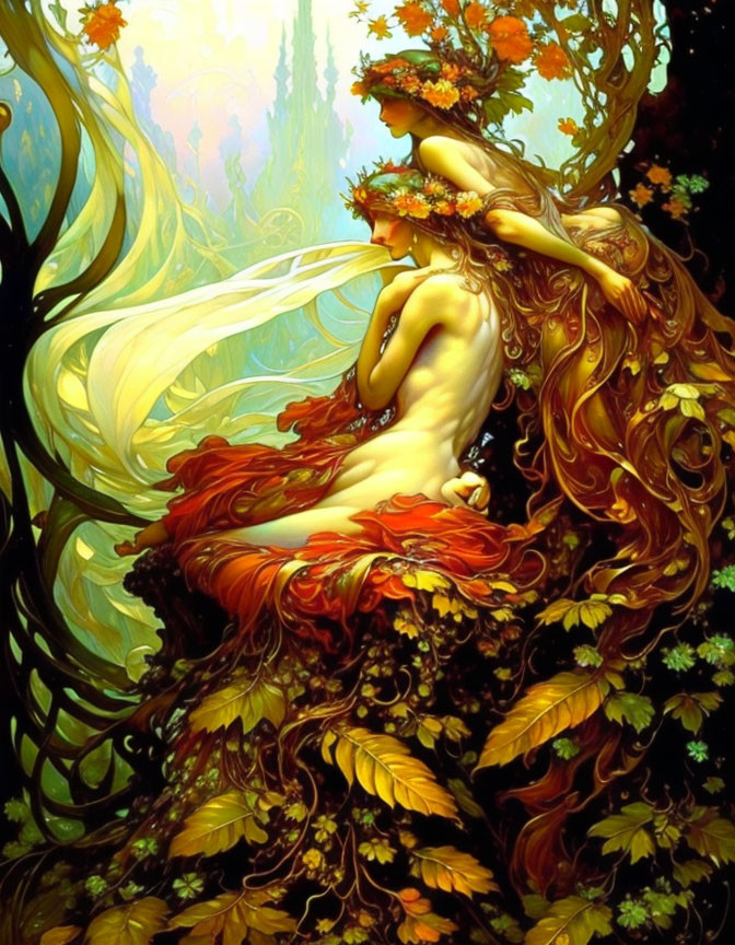 Fantastical painting: Woman with flowing hair merging with autumn leaves in ethereal forest