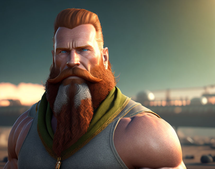 Muscular man with ginger beard in sleeveless top and green scarf