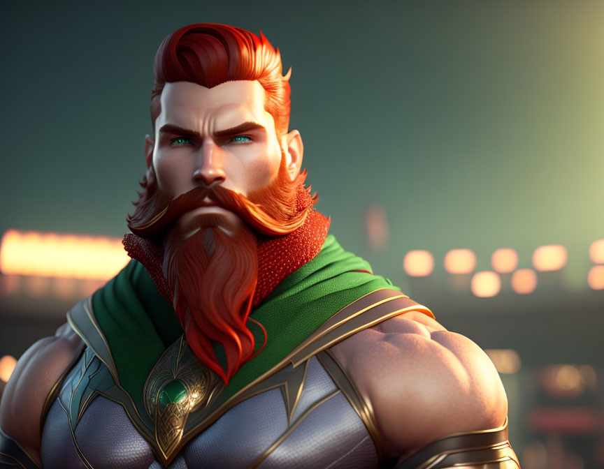 Red-bearded animated character in green and silver armor with a pensive expression