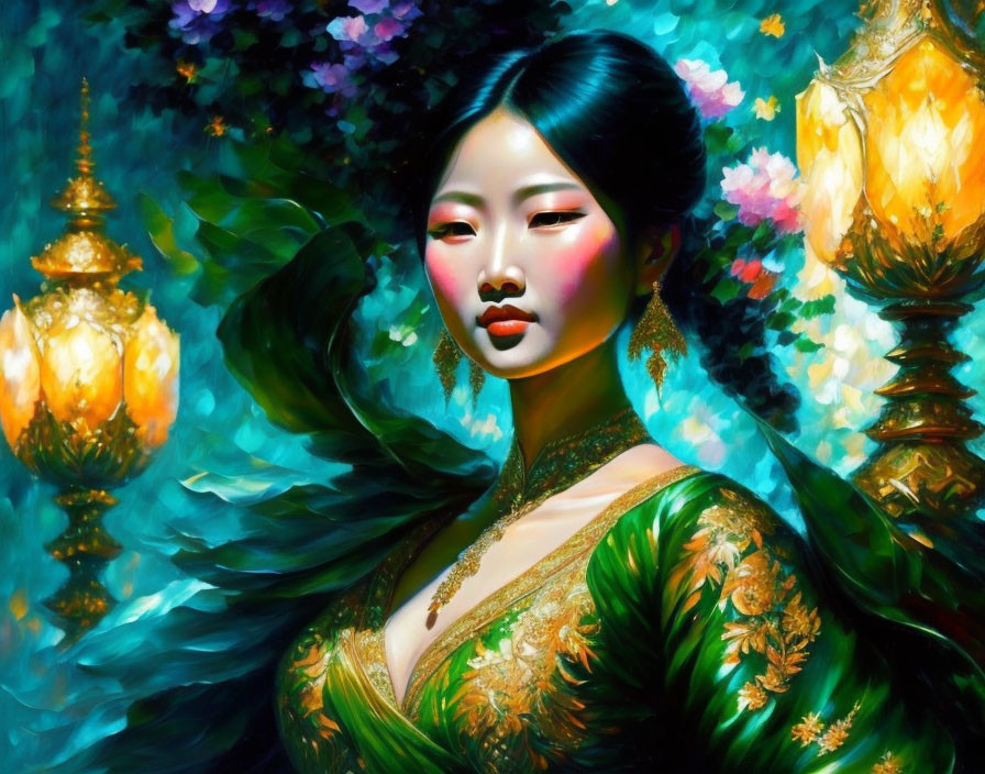 Colorful Asian woman in green dress with gold accents on floral background.