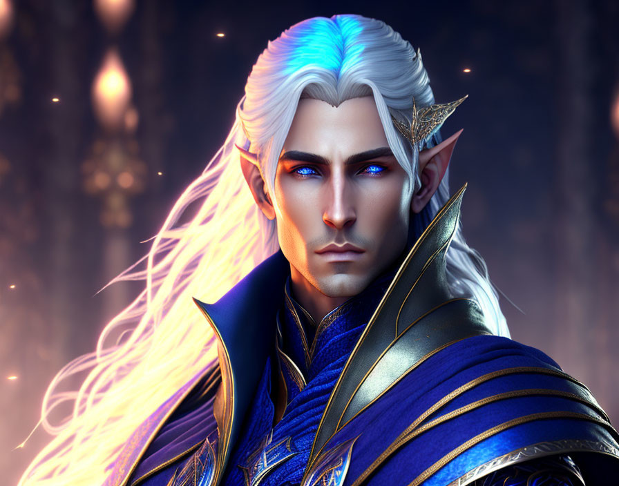 White-haired elven character in blue and gold armor on mystical background