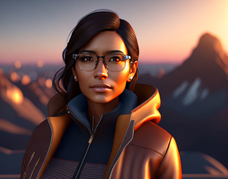 3D rendered image of woman in glasses and jacket against mountain sunset