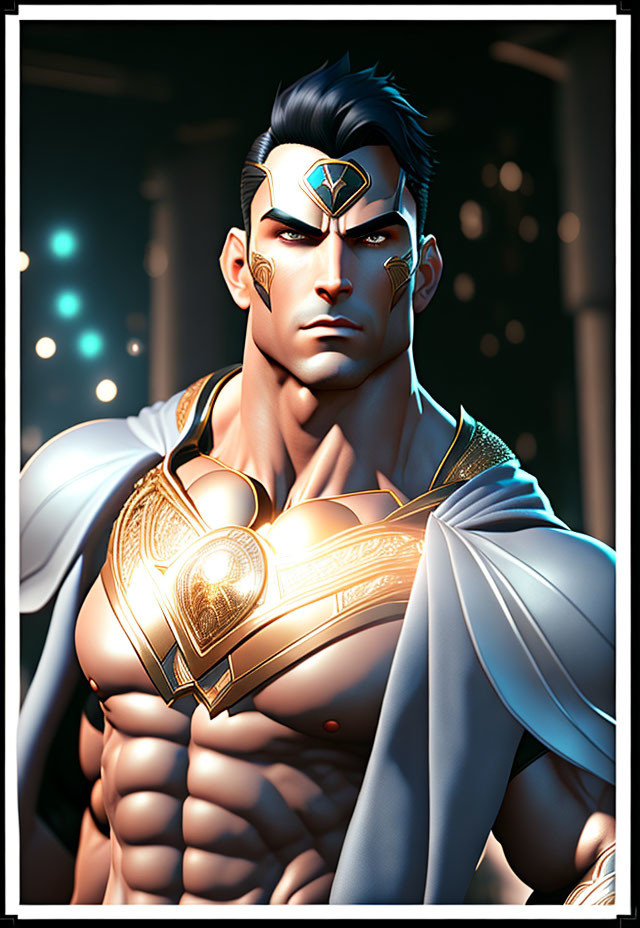 Muscular superhero with golden tiara and chest armor in dark cityscape