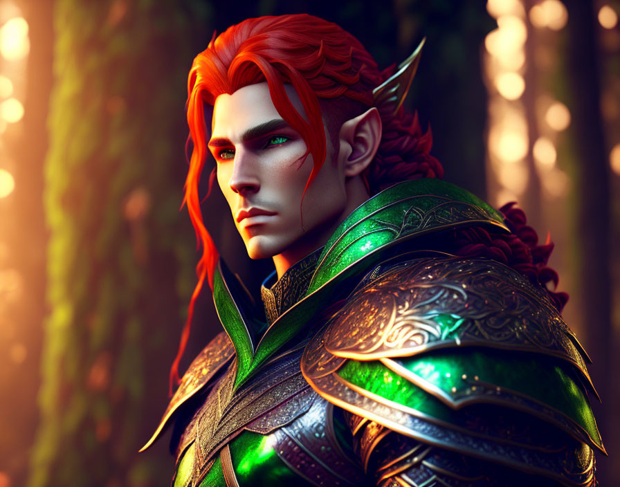 Fantasy male elf digital art: red hair, green eyes, intricate green armor, forest setting.