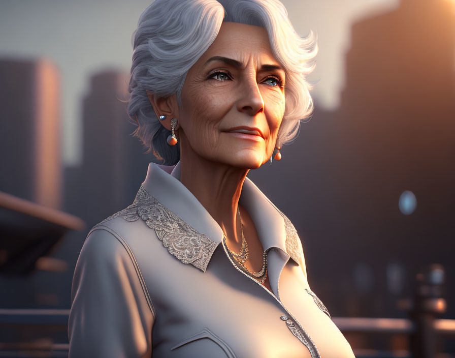 White-Haired Elderly Woman in Beige Outfit Smiling with Cityscape Background