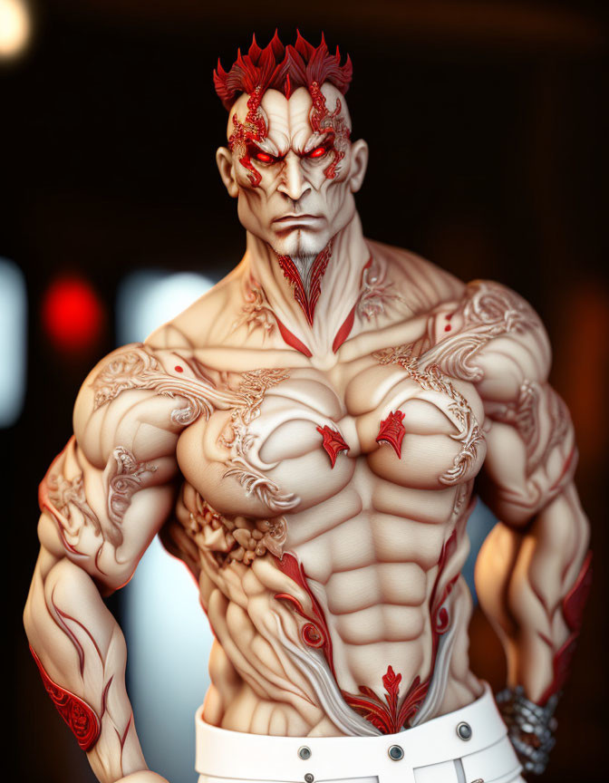 Muscular fantasy character with red skin, demonic horns, and intricate tattoos.