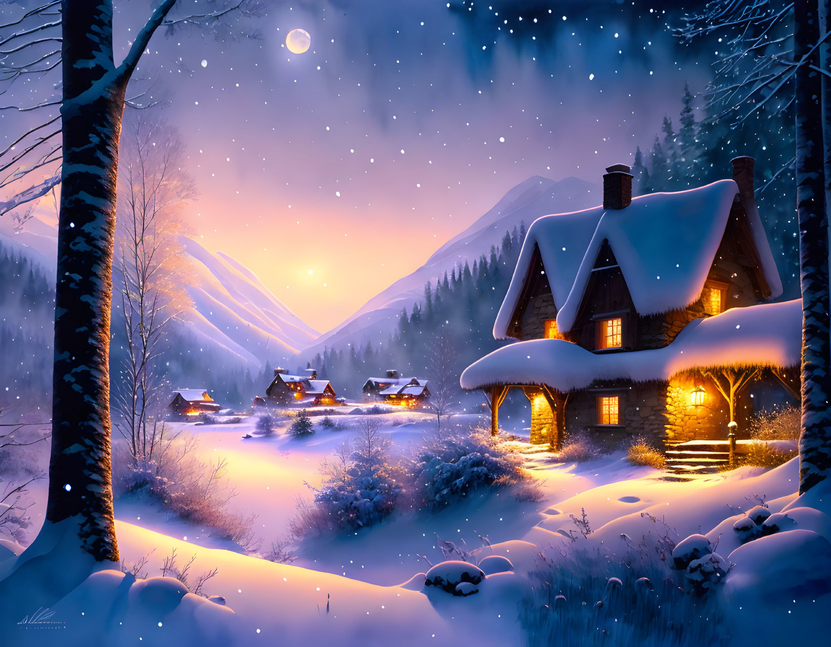 Snow-covered cottages under starry sky on tranquil winter night