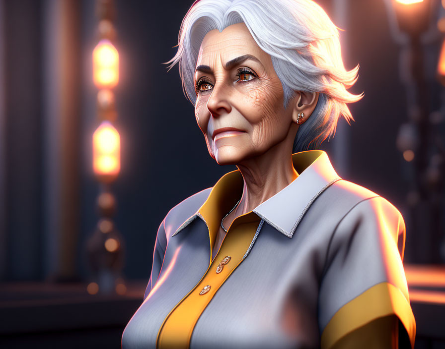 Stylish older woman in grey and yellow blouse under soft lighting