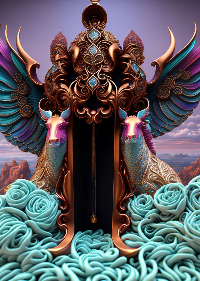 Symmetrical surreal digital artwork with winged creatures and pendulum