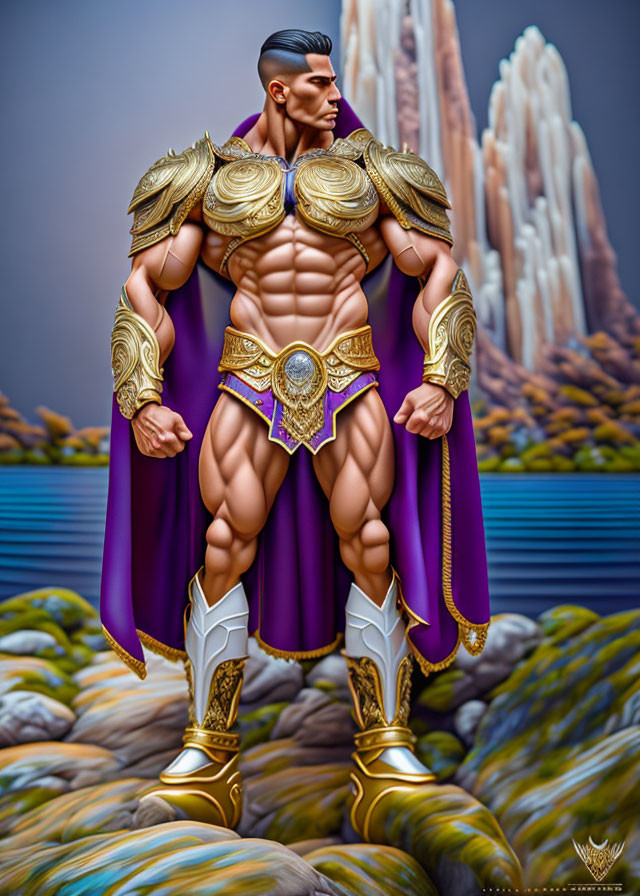 Animated character in golden armor and purple cape against mountainous backdrop