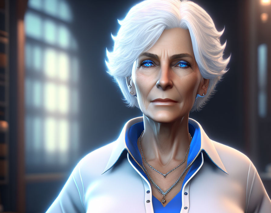 3D-rendered image of elder woman with white hair and blue eyes wearing jewelry and white/blue attire