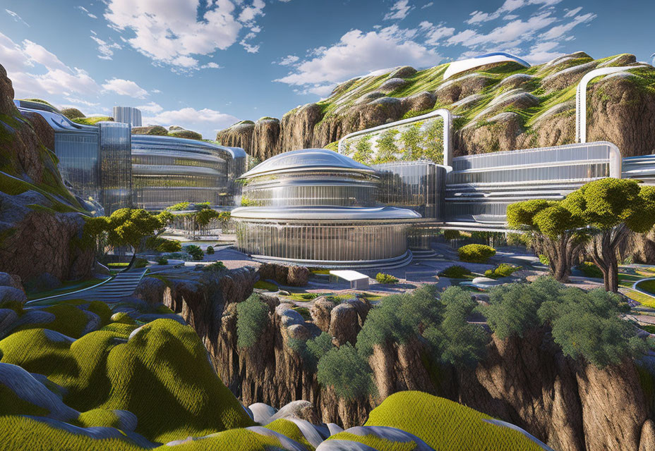 Dome structures and terraced gardens in futuristic cliff-top architecture