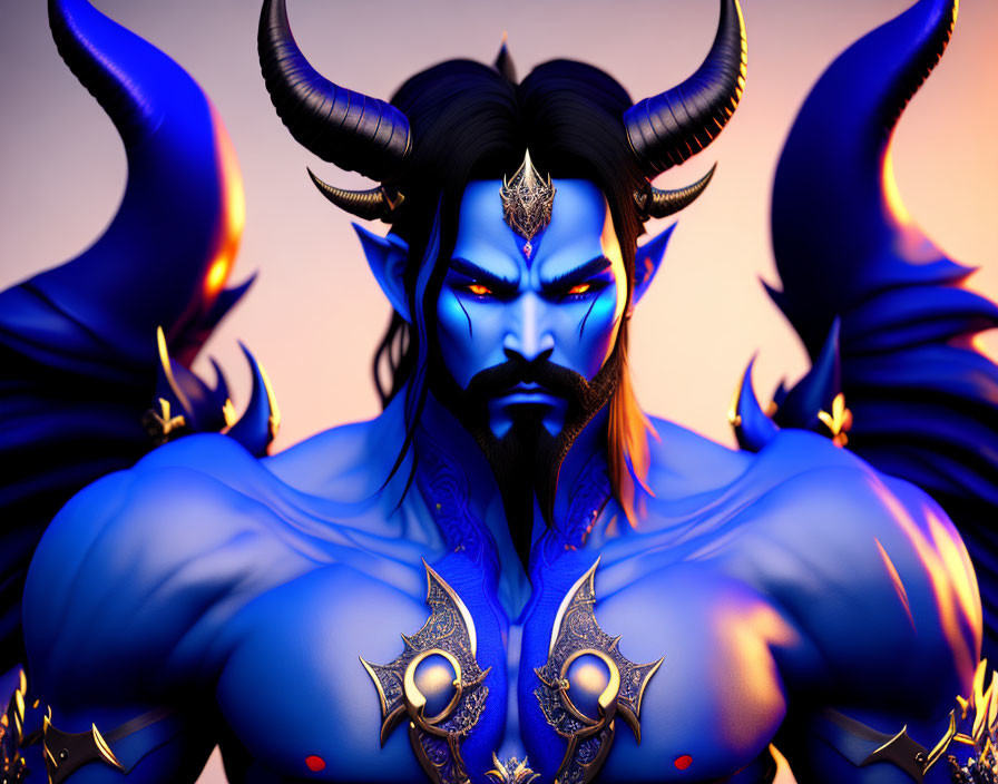 Blue-skinned male character with black horns in golden armor on purple background