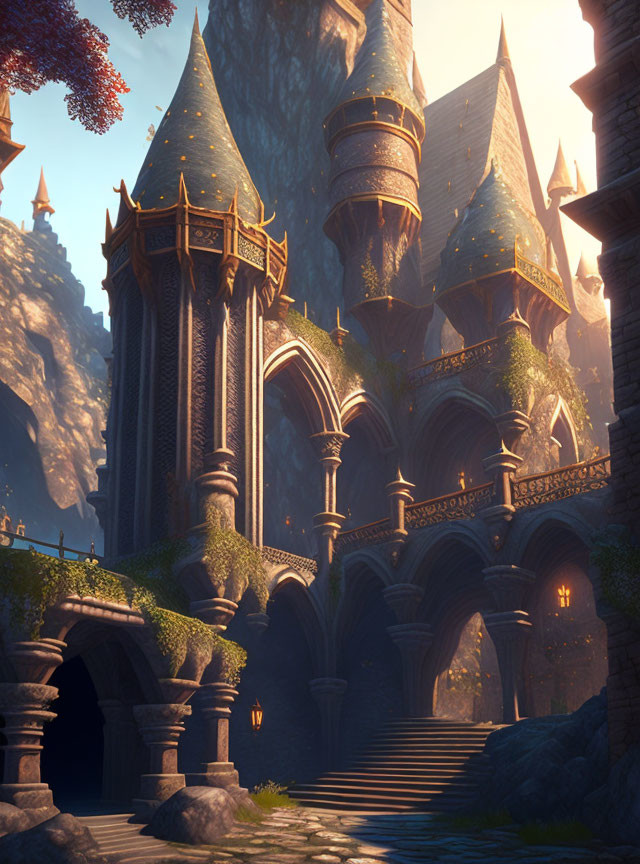 Majestic fantasy castle with tall spires and arches in warm sunlight