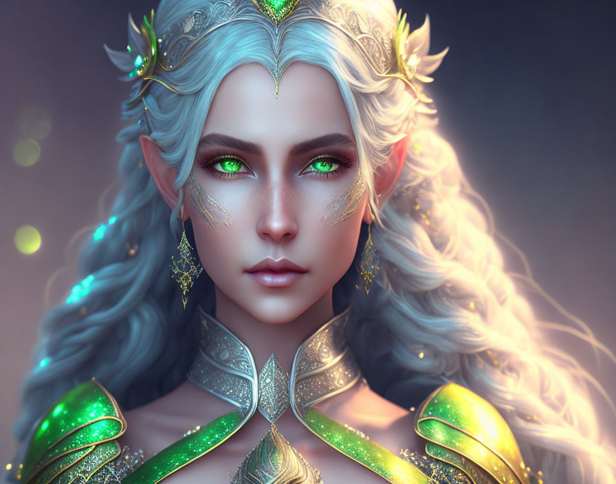 Fantasy elf digital portrait with green eyes and golden armor.