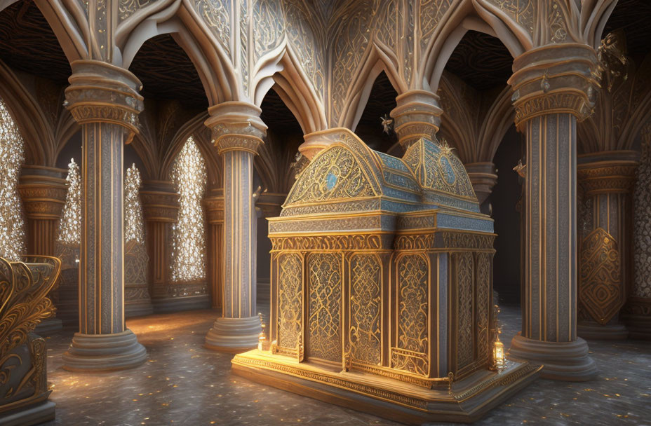 Intricate Golden Mausoleum in Gothic Hall