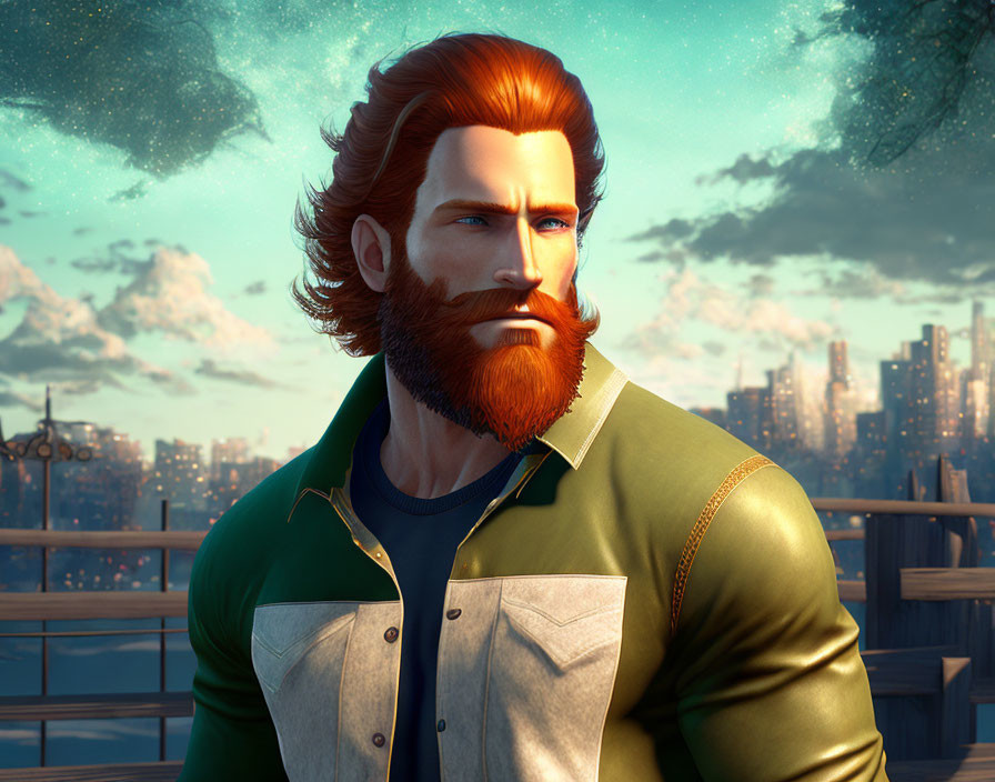 Bearded man with red hair in green jacket overlooking cityscape at sunset.