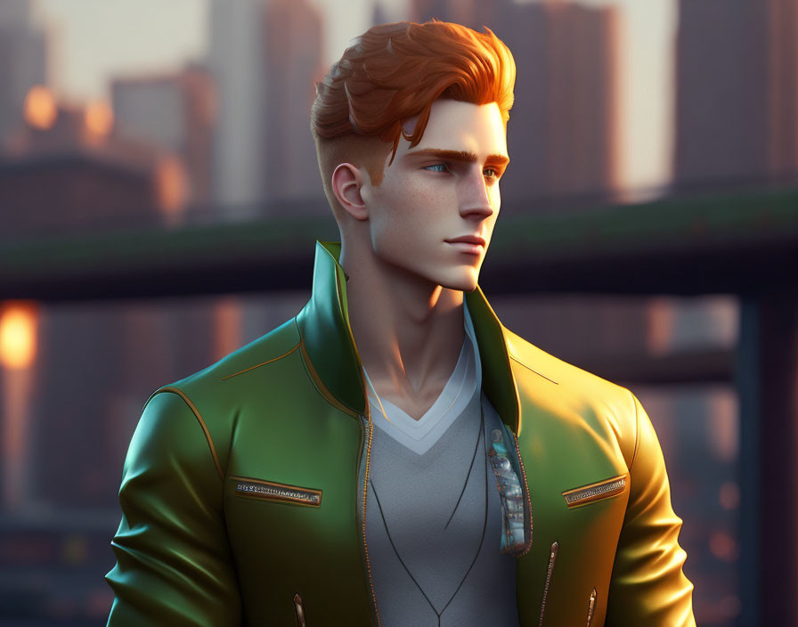 Stylized male figure with red hair in green jacket against cityscape at sunset